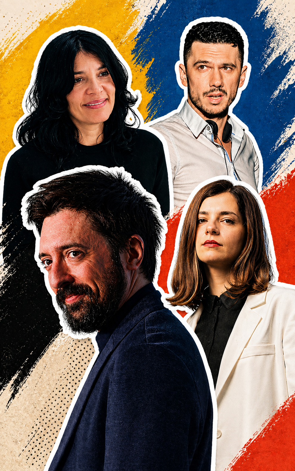 Collage of four contemporary filmmakers against a red, blue, and yellow painted background